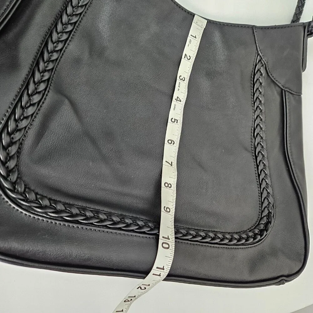 Sole/Society Large Black Faux Leather Braided Detail Hobo Shoulder Bag
